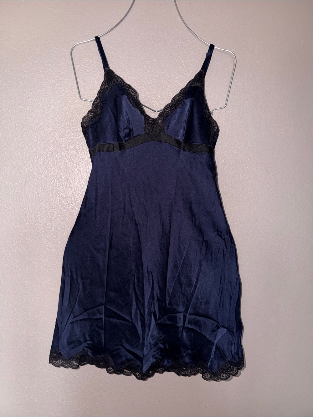 Autograph Navy Satin Slip with Black Lace Trim